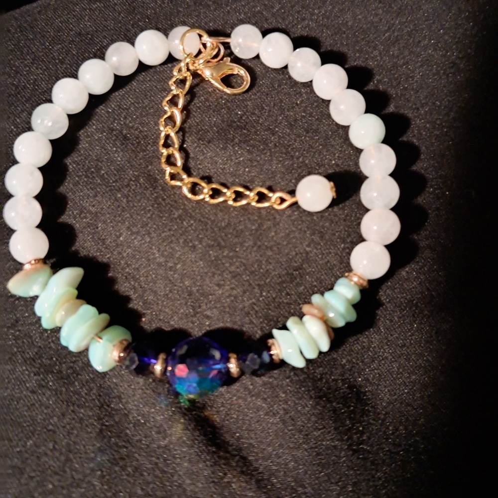Handmade Blue Glass Beaded Bracelet, Memory Wire With Extender